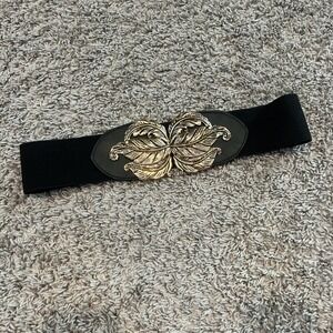 TOSSA‎ Black Elastic Belt Gold Leaf Buckle Womens Fashion Waist Belt